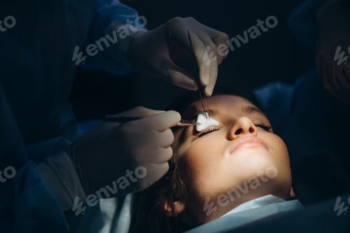 Preview: Surgeon and his assistant performing cosmetic surgery on nose in hospital operating room.