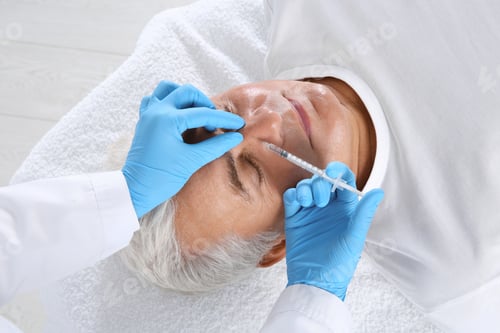 Preview: Senior man getting facial injection in clinic. Cosmetic surgery concept