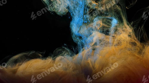 Preview: Close-up of flow of colored paints in water. Stock footage. Macro of beautiful splash of colored ink