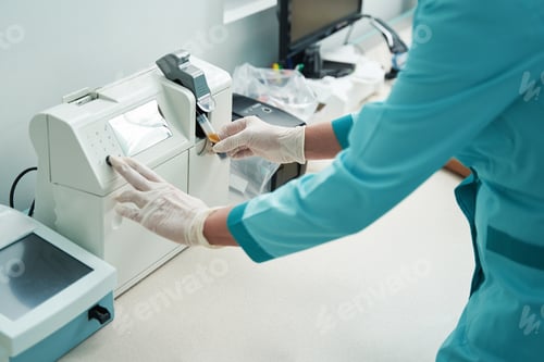 Preview: Woman analysing blood samples with modern equipment