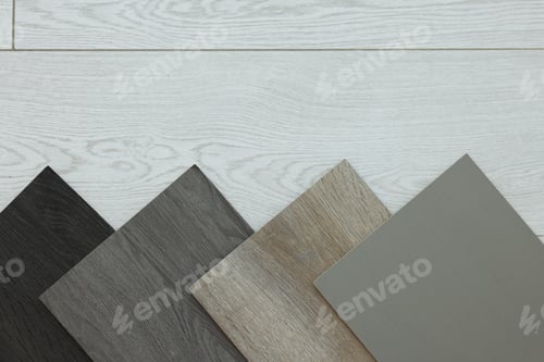 Preview: Different samples of wooden flooring indoors, top view