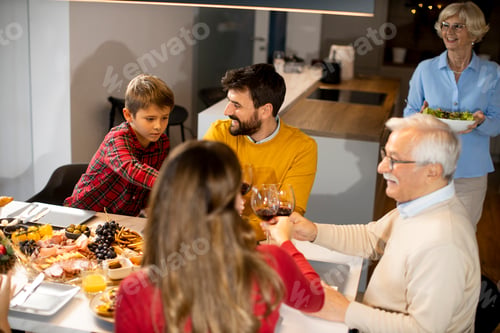 Preview: Happy family having dinner with red wine at home