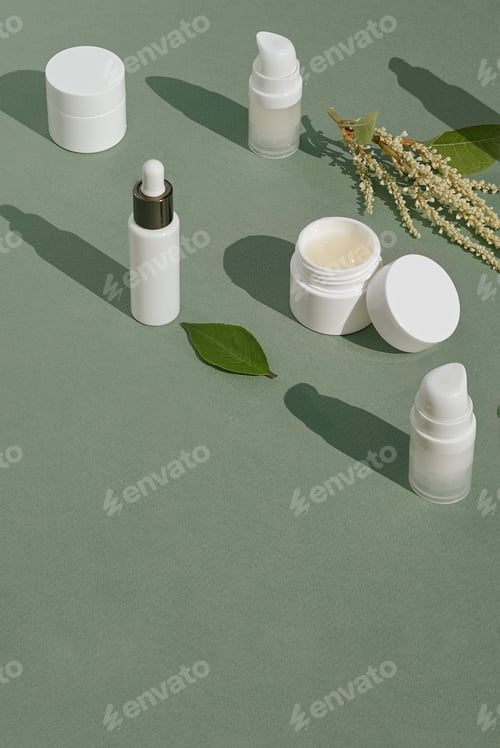 Preview: Natural cosmetic products on a green background. Serum, cream, lotion for face and body care