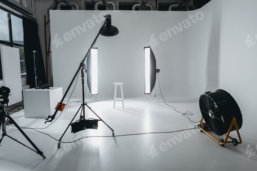 Preview: photo studio with lighting equipment and fan