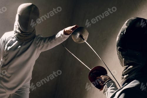 Preview: Fencer woman with fencing sword. Fencers duel concept.