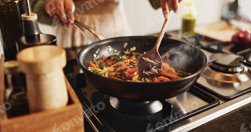 Preview: Hands, food and pan on stove for cooking stir fry, healthy meal prep and recipe for nutrition in ki