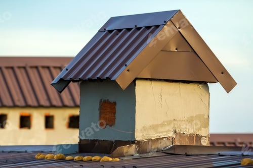 Preview: Close-up of a new built chimney on a house roof under construction.