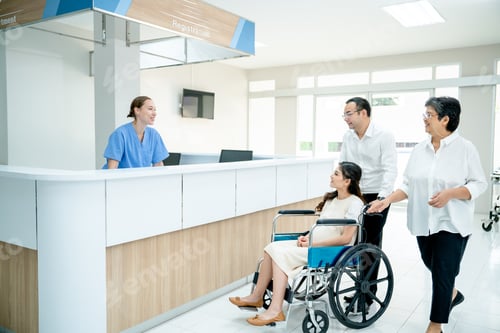 Preview: Asian family with grandmother, husband and pregnancy wife on wheelchair move pass area near counter