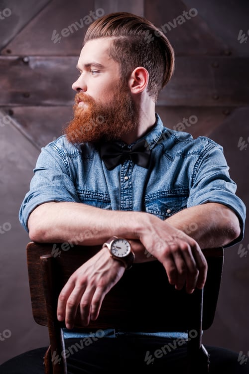 Preview: Confident elegance. Profile of a handsome young bearded man looking away and sitting on chair