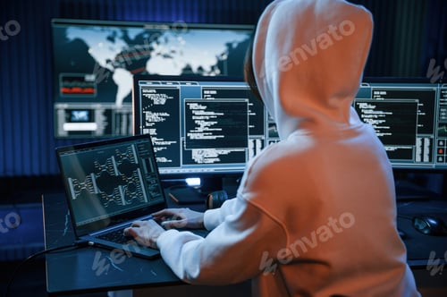 Preview: Young professional female hacker is indoors by computer with lot of information on displays
