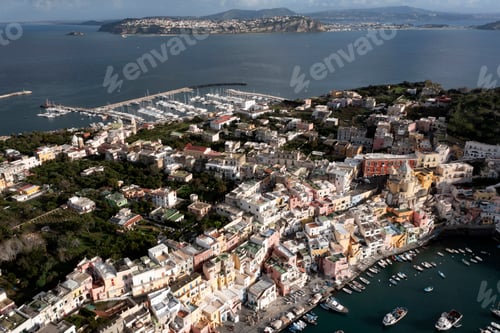 Preview: Aerial view of colourful fishermen's houses, on Procida Island, Bay of Naples, Italy.