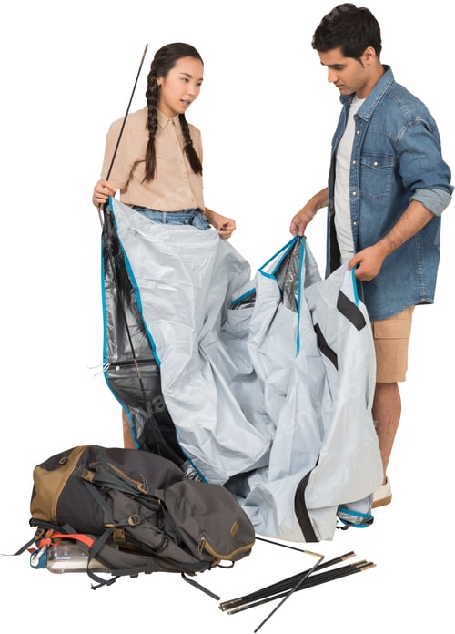 Preview: a man and a woman are holding laundry bags and a backpack
