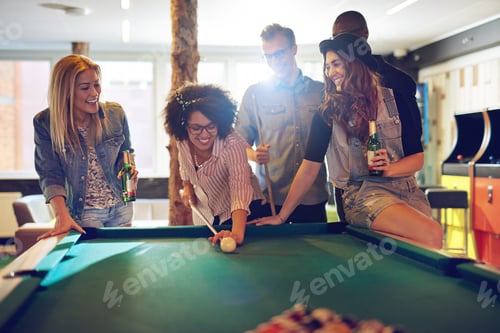 Preview: Woman behind the cue ball while friends watch
