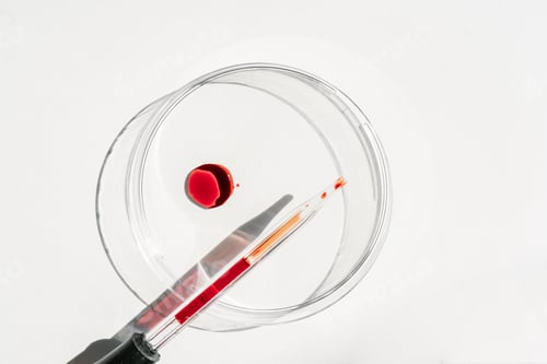 Visualização: A mão segura um tubo de ensaio com sangue.