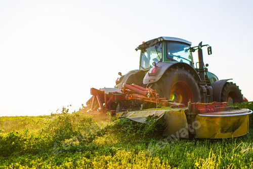 Preview: hay making for animals, harvesting green grass for feed with tractor, agribusiness concept