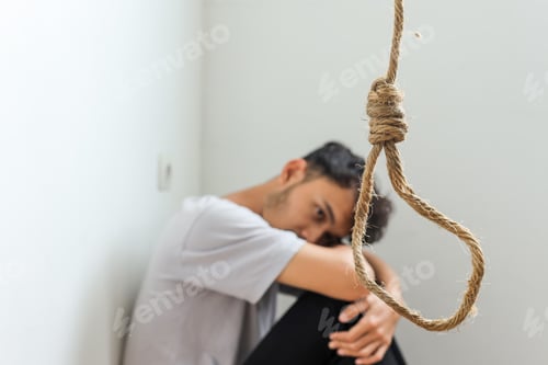 Preview: Depressed Young Asian Man Making Decision To Suicide With Noose Around Her Neck