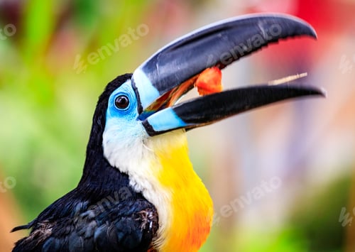 Preview: Closeup shot of a toucan bird with a meal in the beak with blurred background