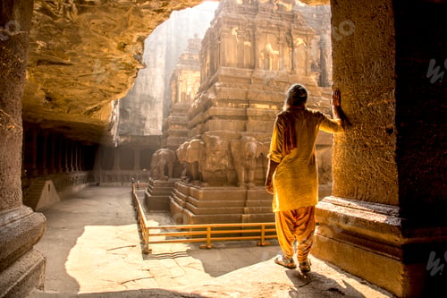 Preview: Hindu Sadhu the holy men visiting the Kailasa Temple, Ellora caves, UNESCO world heritage side.