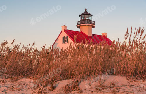 Preview: East Point Lighthouse bathed in golden hour light.
