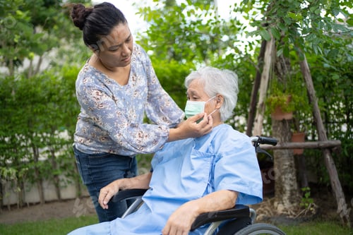 Preview: Caring Woman Adjusting Face Mask of Senior