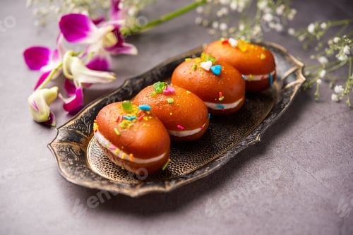 Preview: Malai Chop or Cream sandwich made using filling Rasgulla or Gulab jamun sweet is a Bengali sweet