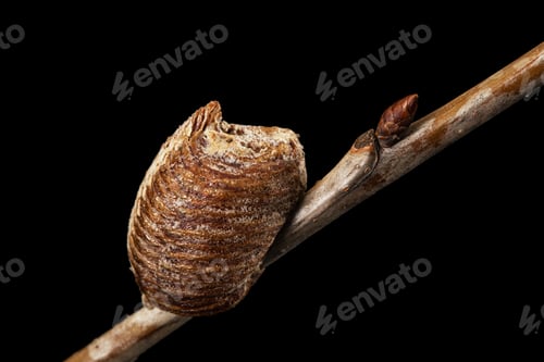 Preview: Close-up ootheca, formed by female praying mantis on an cherries branch. Isolated on black