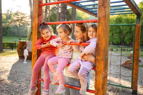 Preview: Smiling mom with daughters on the playground
