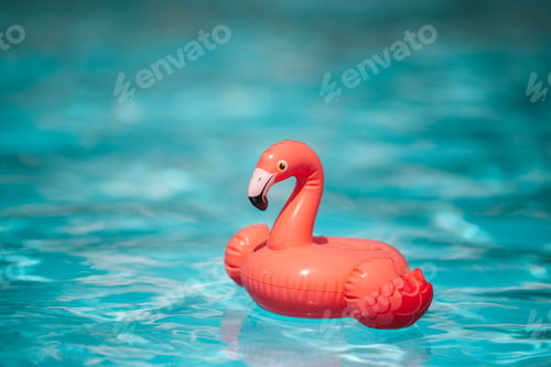 Preview: Mini inflatable toy pink flamingo swimming in pool with turquoise water
