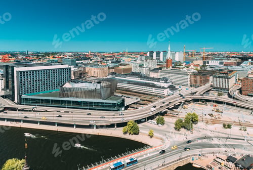 Preview: Stockholm, Sweden. Elevated View Of St. Clara Or Saint Klara Church In Summer Sunny Modern Cityscape