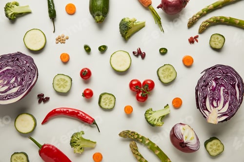 Preview: Top view of cutlery, vegetables and seeds on white surface