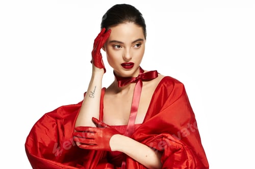 Preview: A stunning woman in a red ensemble poses elegantly with a confident expression in a bright studio