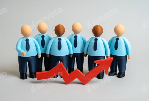 Preview: A group of office workers and a red arrow pointing upward. Increase in staff, higher salaries