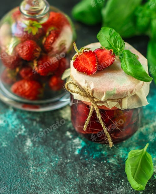 Preview: Strawberry Jam, Ripe And Juicy Berries In A Sweet Dessert With Basil. Food Background. Top View