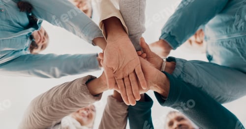 Preview: Huddle, hands and group of people together with agreement and celebration for solidarity in communi