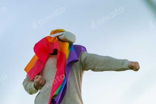 Preview: Person Wearing VR Headset with Rainbow Flag Drape