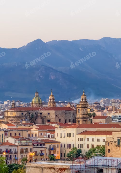 Preview: Residential Homes and Historic Church Buildings with mountains in Palermo, Sicily, Italy