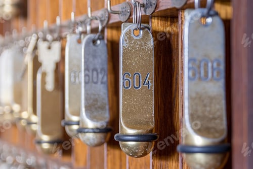 Preview: A picture of typical old hotel keys at a reception with sharpness on both sides