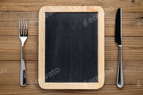 Preview: Blackboard for menu, fork and knife on wooden table