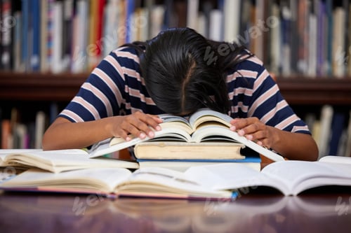 Preview: Shot of a young female studying in a college library and looking stressed
