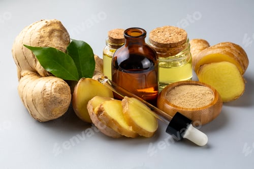 Preview: Ginger essential oil in a small bottle. Selective focus. nature.
