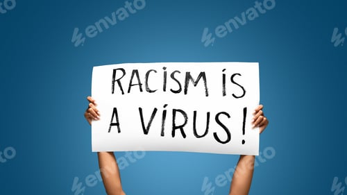 Preview: African american girl holding banner with text Racism is a Virus