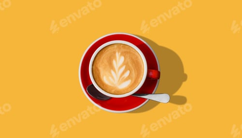 Preview: Aromatic coffee in red cup on yellow background, top view