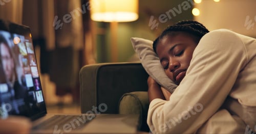 Preview: Woman, laptop and sleep with movie on sofa in night for vacation, tired or online subscription in h