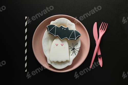 Preview: Pink cutlery with cookies on a black background