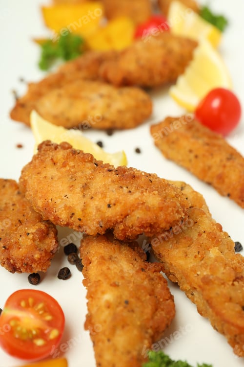 Preview: Concept of tasty food with chicken strips on white background