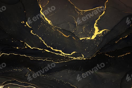 Preview: Abstarct fluid ink background with black and golden splashes