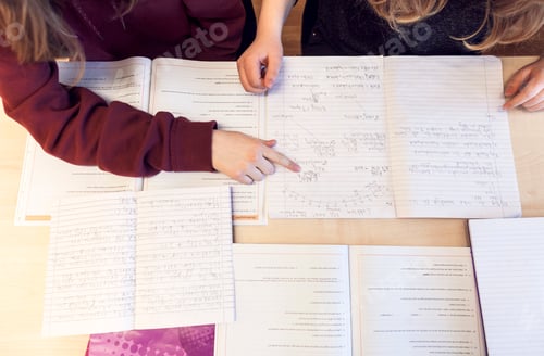 Preview: Students engrossed in study with notebooks and textbooks.
