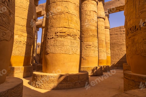 Preview: Columns with hieroglyphs inside the temple of Karnak, the great sanctuary of Amun