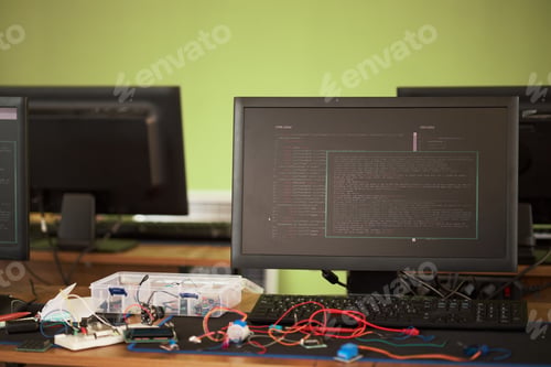 Preview: Electronic Components and Computer Monitor Displaying Programming Code in Office