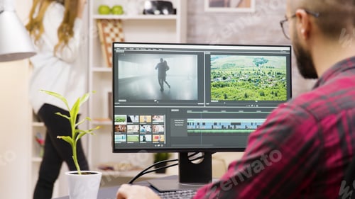 Preview: Back view of creative content creator working from home